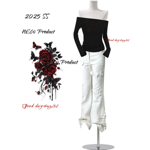 女秋季 新款 街个性 大码 喇叭裤 复古绑带星星贴布微喇牛仔裤 修身 美式