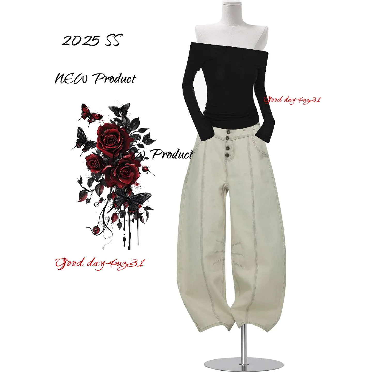 大码美式复古排扣设计感牛仔裤