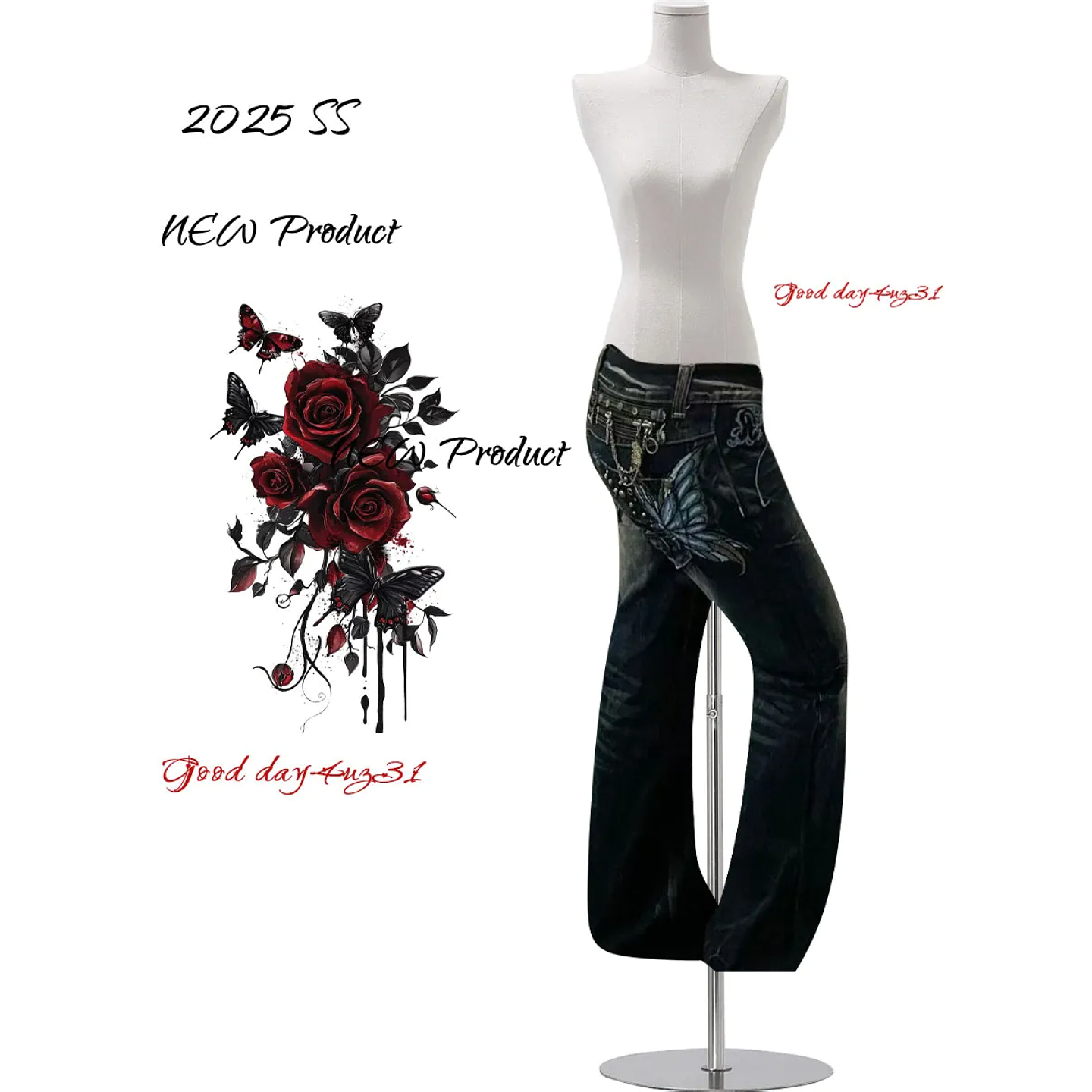 大码美式复古蝴蝶设计感牛仔裤