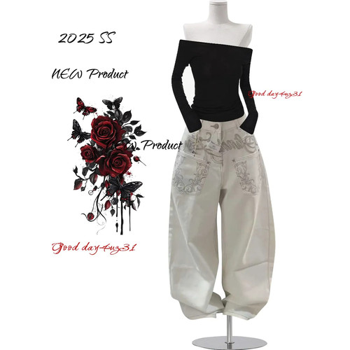 大码美式复古刺绣牛仔裤