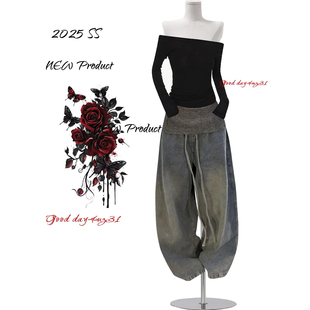 美式 街头抽绳设计阔腿裤 复古做旧腰头拼接牛仔裤 新款 女秋冬季 大码