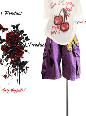 大码美式复古辣妹风紫色七分牛仔裤女夏季新款宽松显瘦设计感中裤