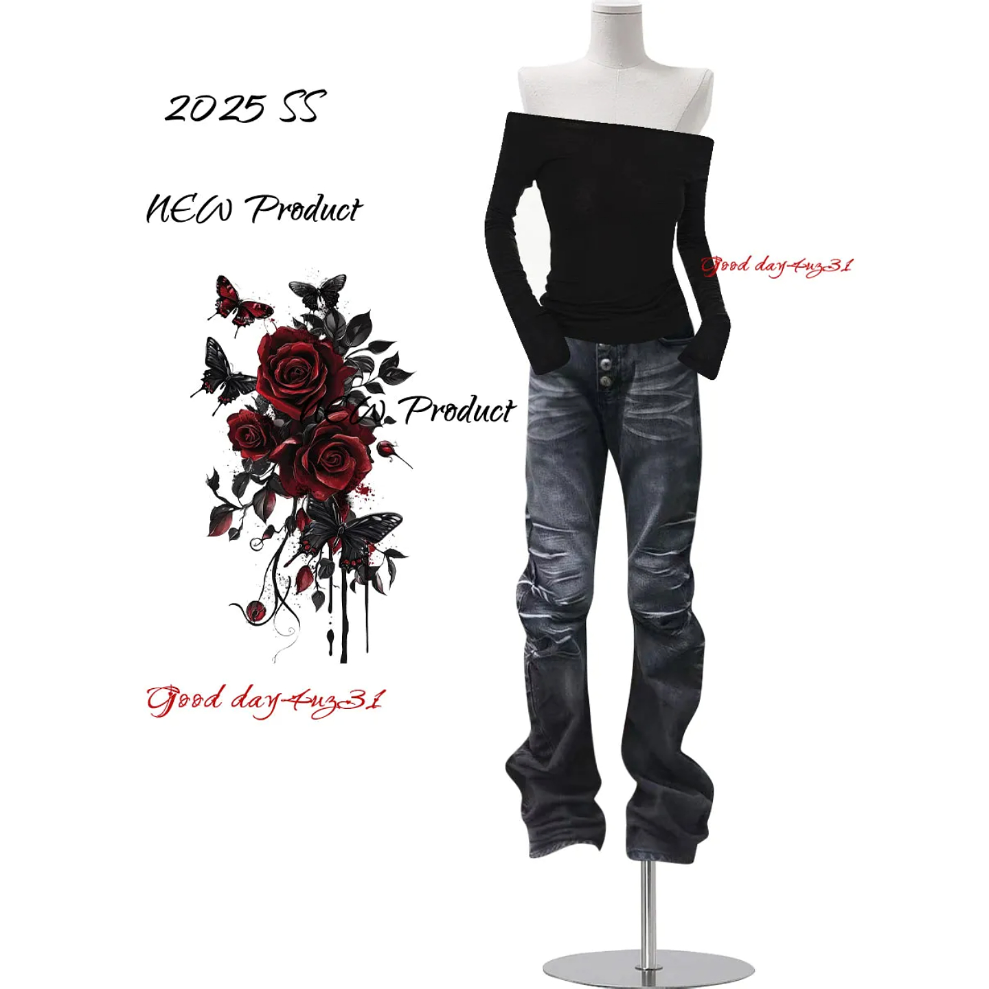 大码美式复古做旧压褶牛仔裤