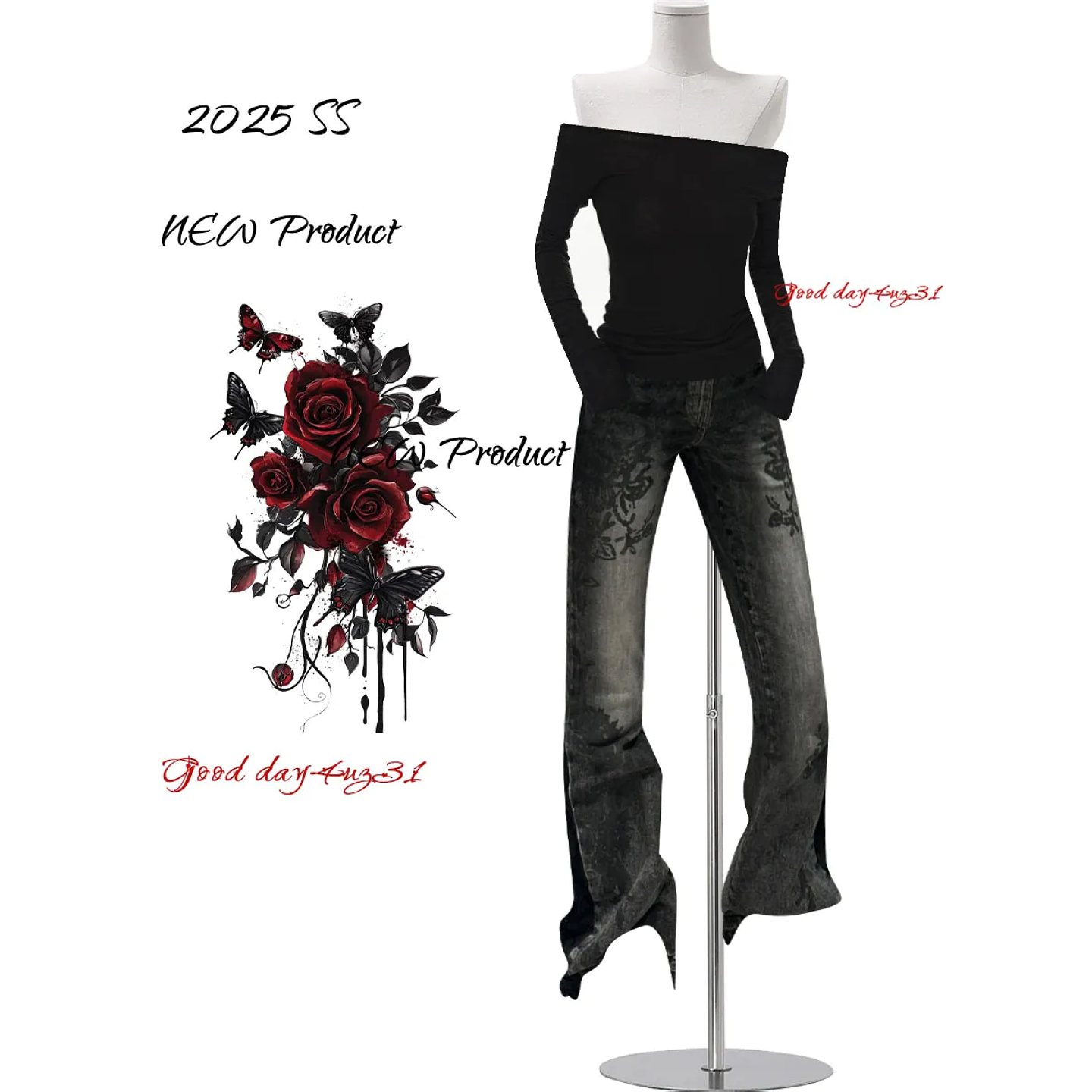 大码美式复古印花微喇牛仔裤