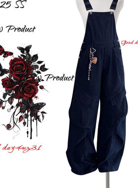 大码美式复古高腰宽松工装牛仔背带裤女2025新款街头阔腿连体裤潮