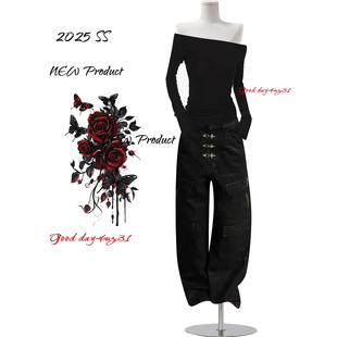 美式 街头多口袋宽松阔腿长裤 复古排扣设计牛仔裤 新款 女秋冬季 大码