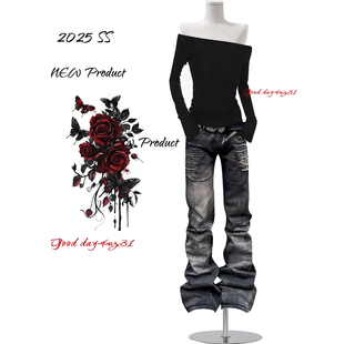 美式 街头垂感喇叭裤 复古做旧磨痕猫须微喇牛仔裤 新款 女秋冬季 大码