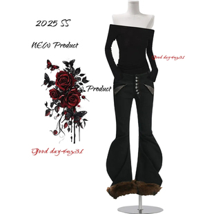 美式 街头毛绒拼接喇叭长裤 复古多纽扣微喇牛仔裤 新款 女秋冬季 大码