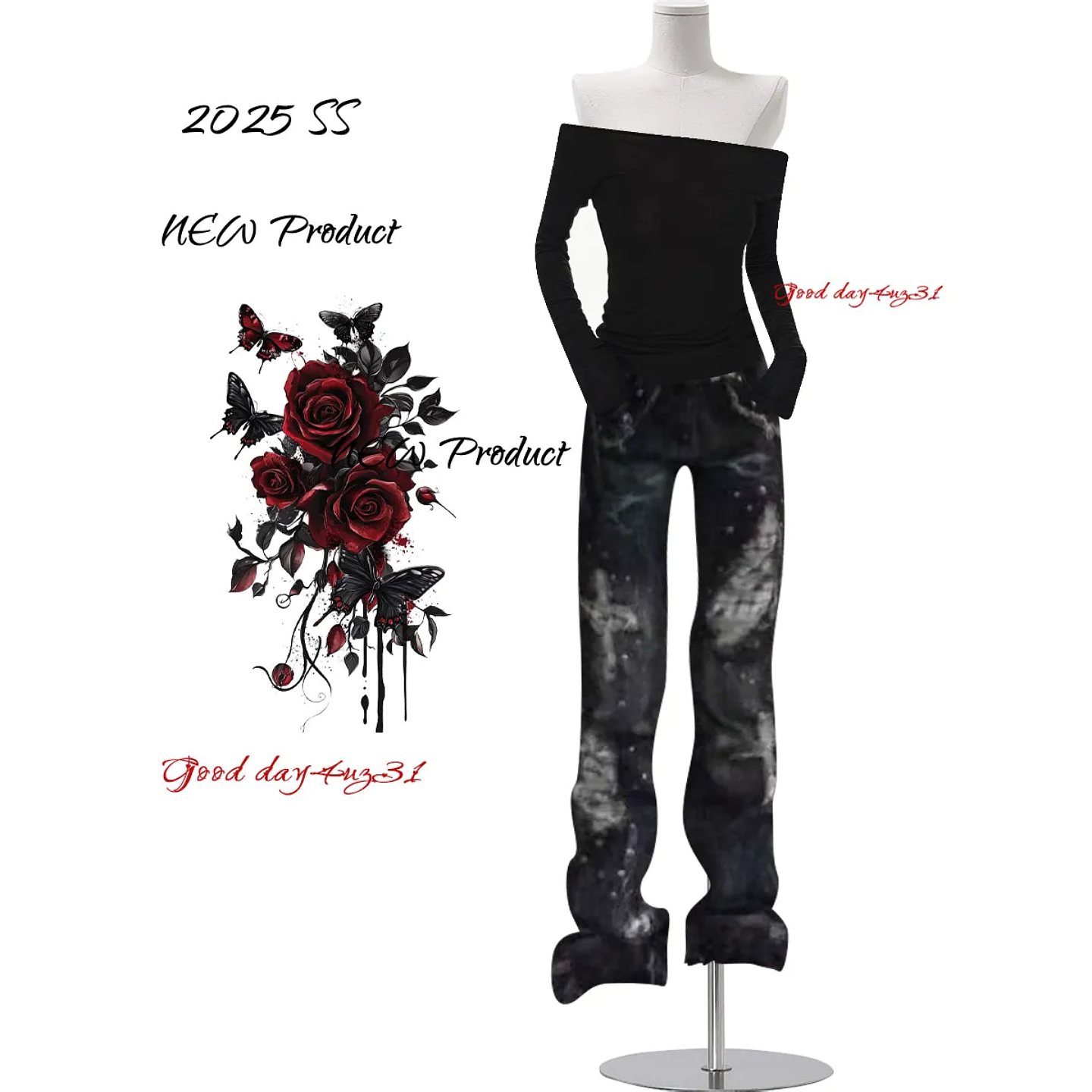 做旧拼接格纹微喇牛仔裤女