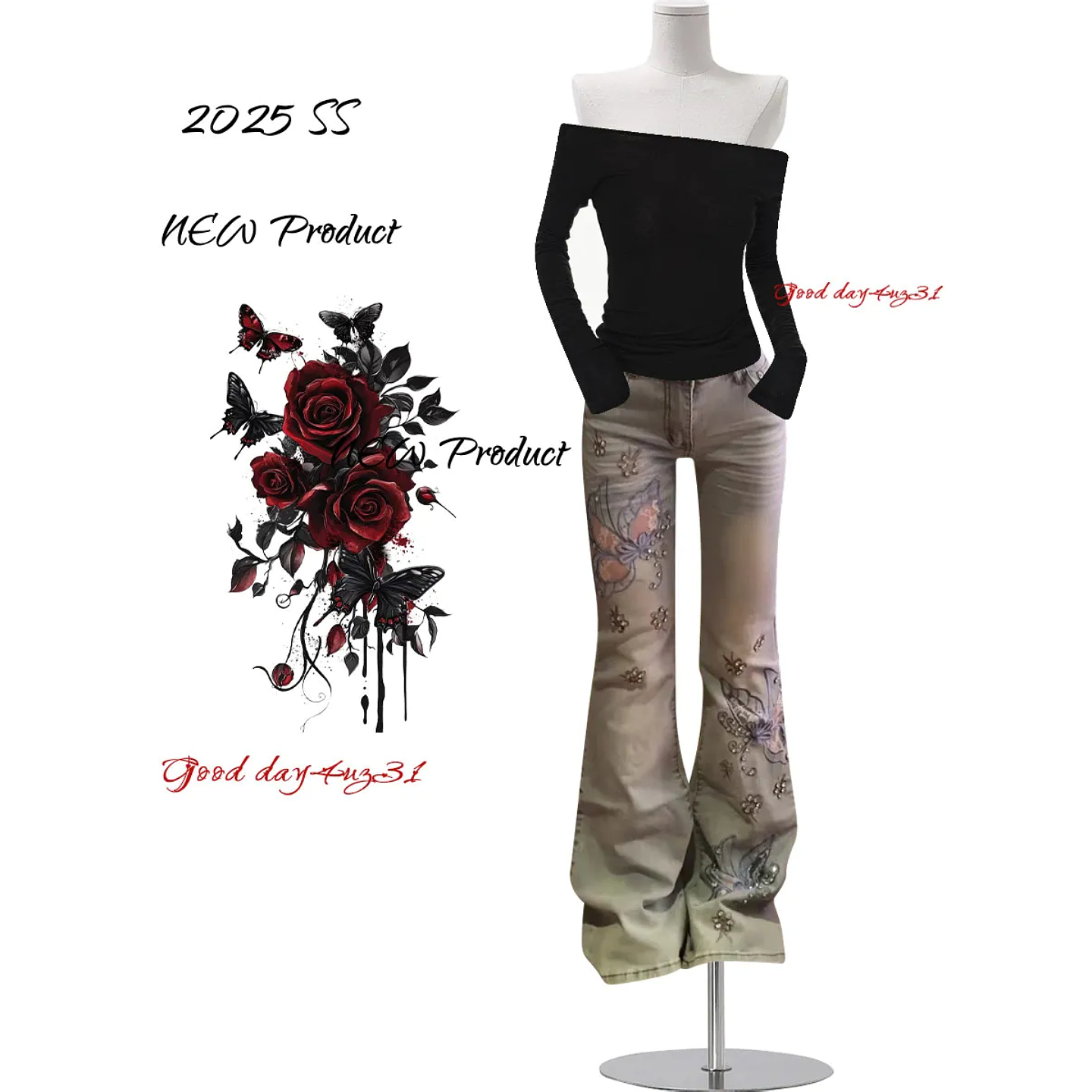 大码美式复古蝴蝶刺绣牛仔裤