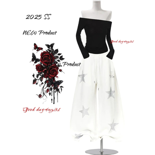 美式 街头松紧腰抽绳休闲长裤 复古星星烫钻阔腿裤 新款 女秋冬季 大码