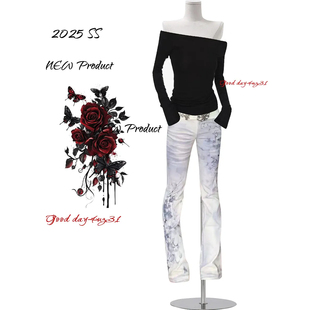 女秋冬季 复古水墨画印花微喇牛仔裤 新款 街头个性 大码 喇叭长裤 美式