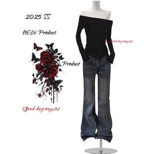 美式 街头竹节设计感长裤 复古水洗做旧微喇牛仔裤 新款 女秋冬季 大码