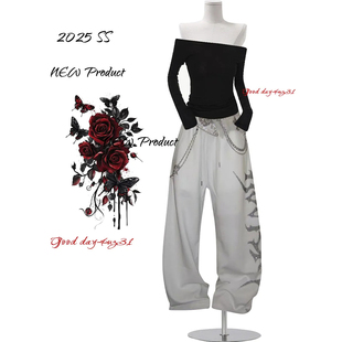 美式 街头百搭松紧腰宽松卫裤 复古字母烫钻阔腿裤 新款 女秋冬季 大码