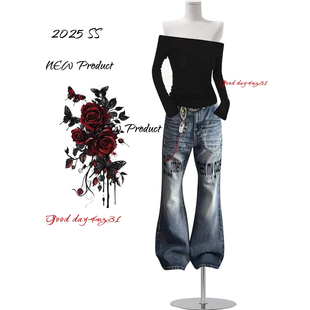 美式 街头宽松喇叭长裤 复古水洗字母印花微喇牛仔裤 新款 女秋季 大码