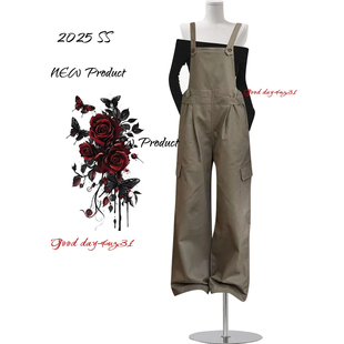 风牛仔背带裤 复古褶皱工装 女秋季 新款 大码 街头宽松阔腿连体裤 美式