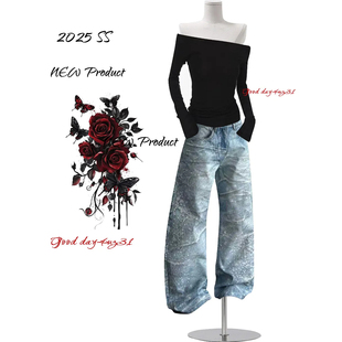 打印牛仔裤 复古数码 女秋冬季 新款 大码 街头烫钻设计感百搭长裤 美式