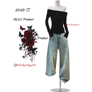 美式 街头解构设计感阔腿长裤 复古烫钻高腰牛仔裤 新款 女秋冬季 大码