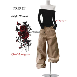 美式 街头纽扣设计感阔腿裤 复古卡其色阔腿牛仔裤 新款 女秋冬季 大码