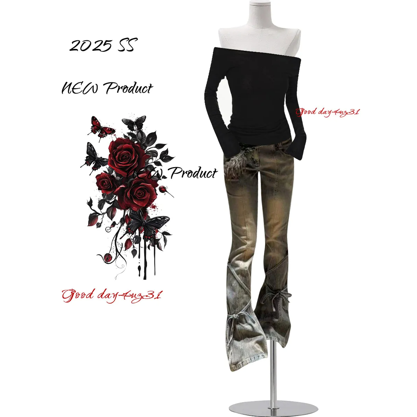 大码美式复古绑带设计微喇牛仔裤