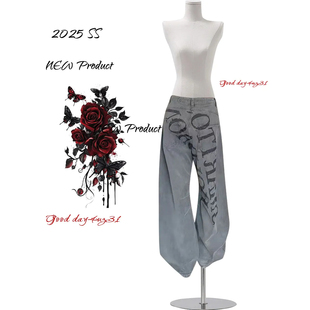 美式 街头宽松弯刀裤 复古水洗字母印花设计感牛仔裤 新款 女秋季 大码