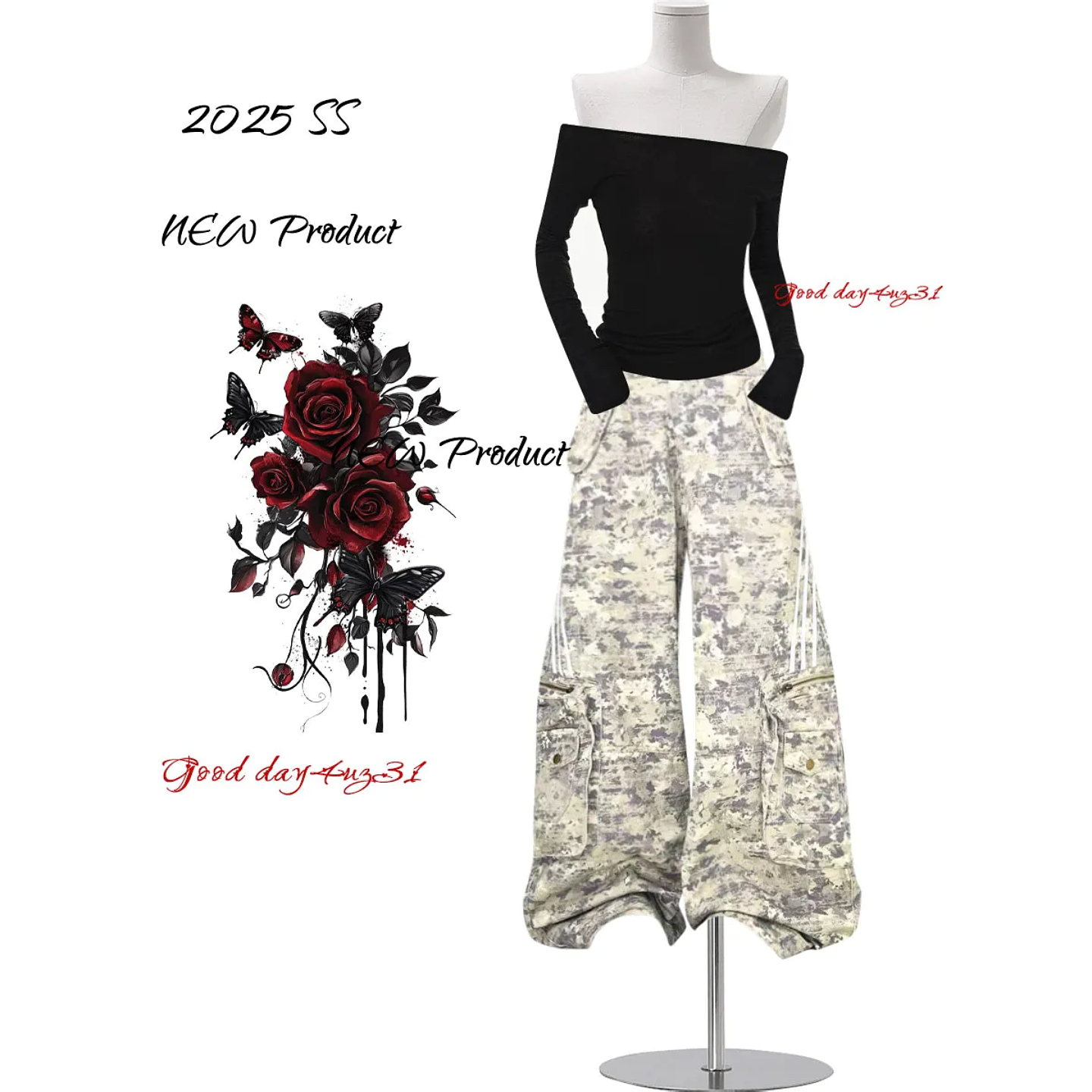 大码美式复古条纹迷彩牛仔裤