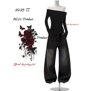 美式 街头做旧设计感长裤 复古水洗烫钻阔腿牛仔裤 新款 女秋冬季 大码