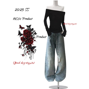 美式 街头穿搭设计感长裤 复古水洗烫钻阔腿牛仔裤 新款 女秋冬季 大码