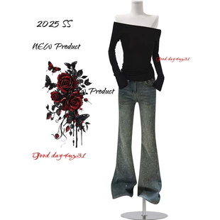 美式 街头设计感喇叭裤 复古满天星烫钻微喇牛仔裤 新款 女秋冬季 大码