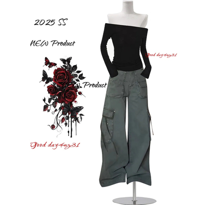 大码美式复古多口袋系带牛仔裤