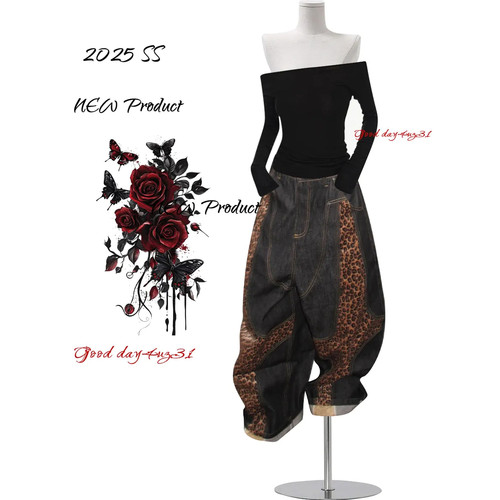 大码美式复古做旧脏豹纹牛仔裤