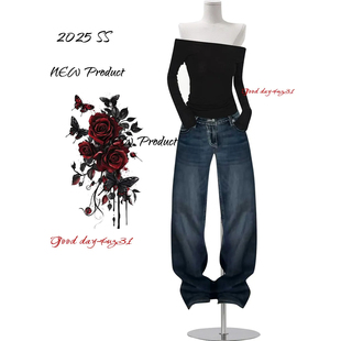 美式 街头设计感直筒长裤 复古水洗口袋烫钻牛仔裤 新款 女秋冬季 大码