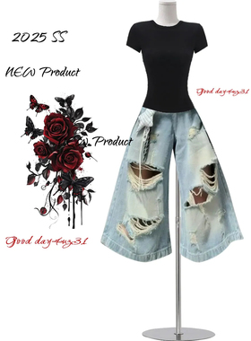 大码美式复古水洗做旧破洞牛仔中裤女夏季新款高街宽松阔腿七分裤