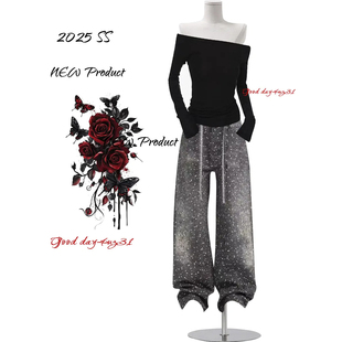 美式 街头小众飘带设计长裤 复古满天星烫钻牛仔裤 新款 女秋冬季 大码