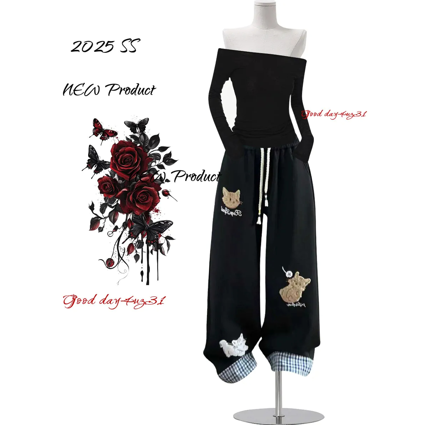 复古猫咪刺绣阔腿裤女秋冬季