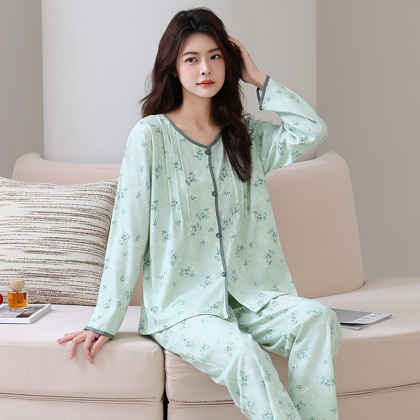 睡衣女纯棉开衫长袖套装春秋季