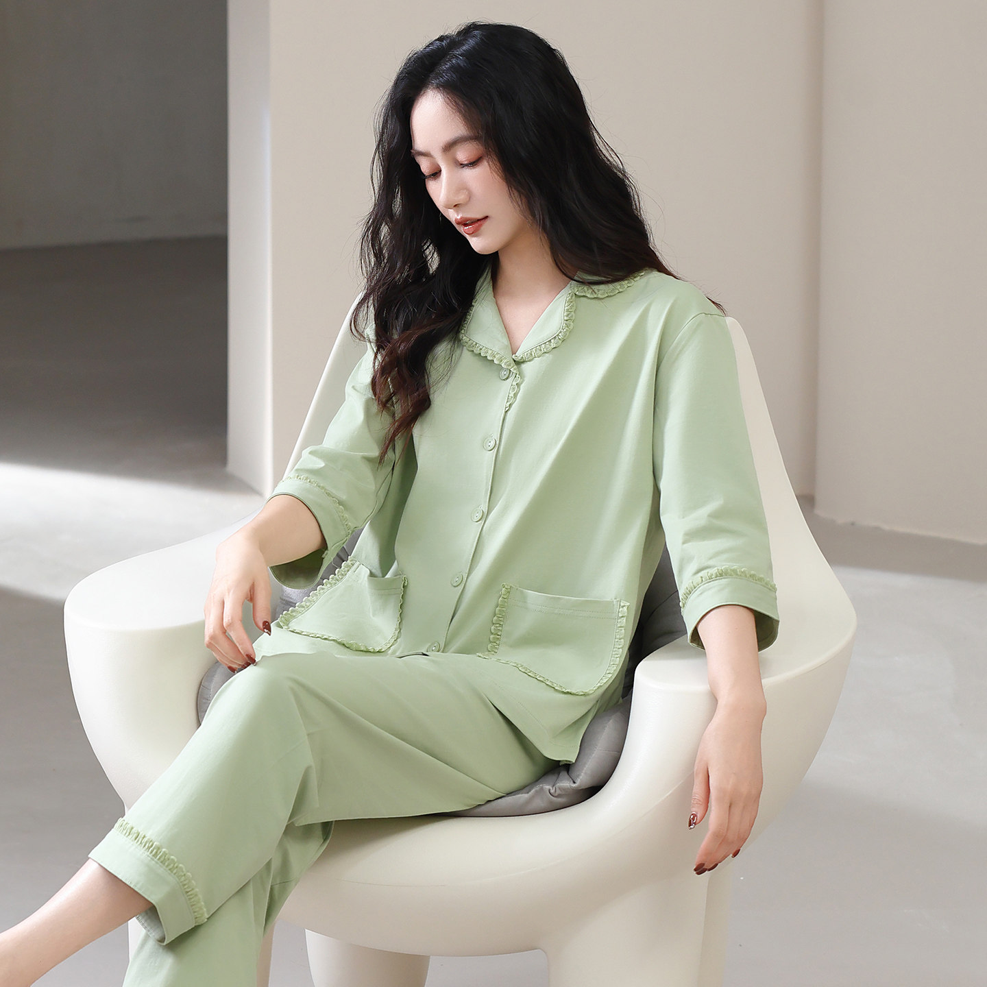 纯棉睡衣开衫女春夏薄款七分袖九分裤套装中年妈妈宽松绿色家居服,女士内衣/男士内衣/家居服,睡衣/家居服套装,淘宝优惠券,粉丝福利购,淘宝优惠卷