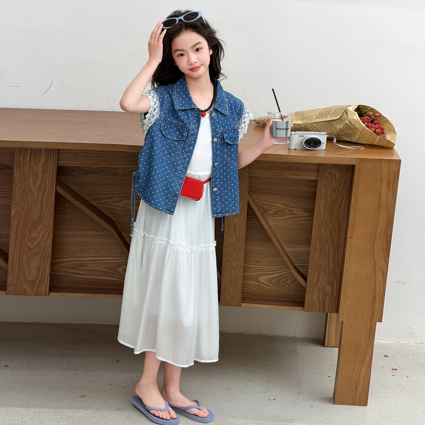 女童夏季牛仔短袖外套连衣裙套装图片