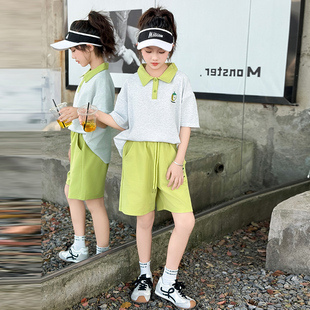 女童夏季运动套装2026新款洋气polo衫短袖T恤夏装女孩短裤两件套