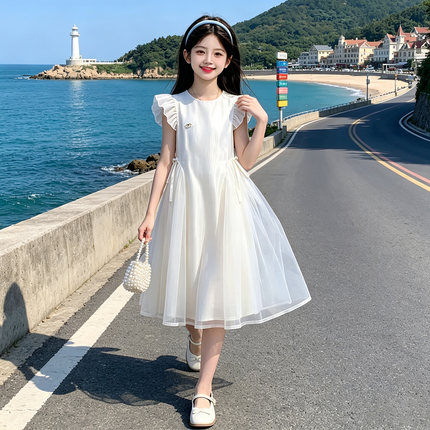 女童飞袖网纱连衣裙夏装2026新款儿童洋气公主裙小女孩蓬蓬纱裙子