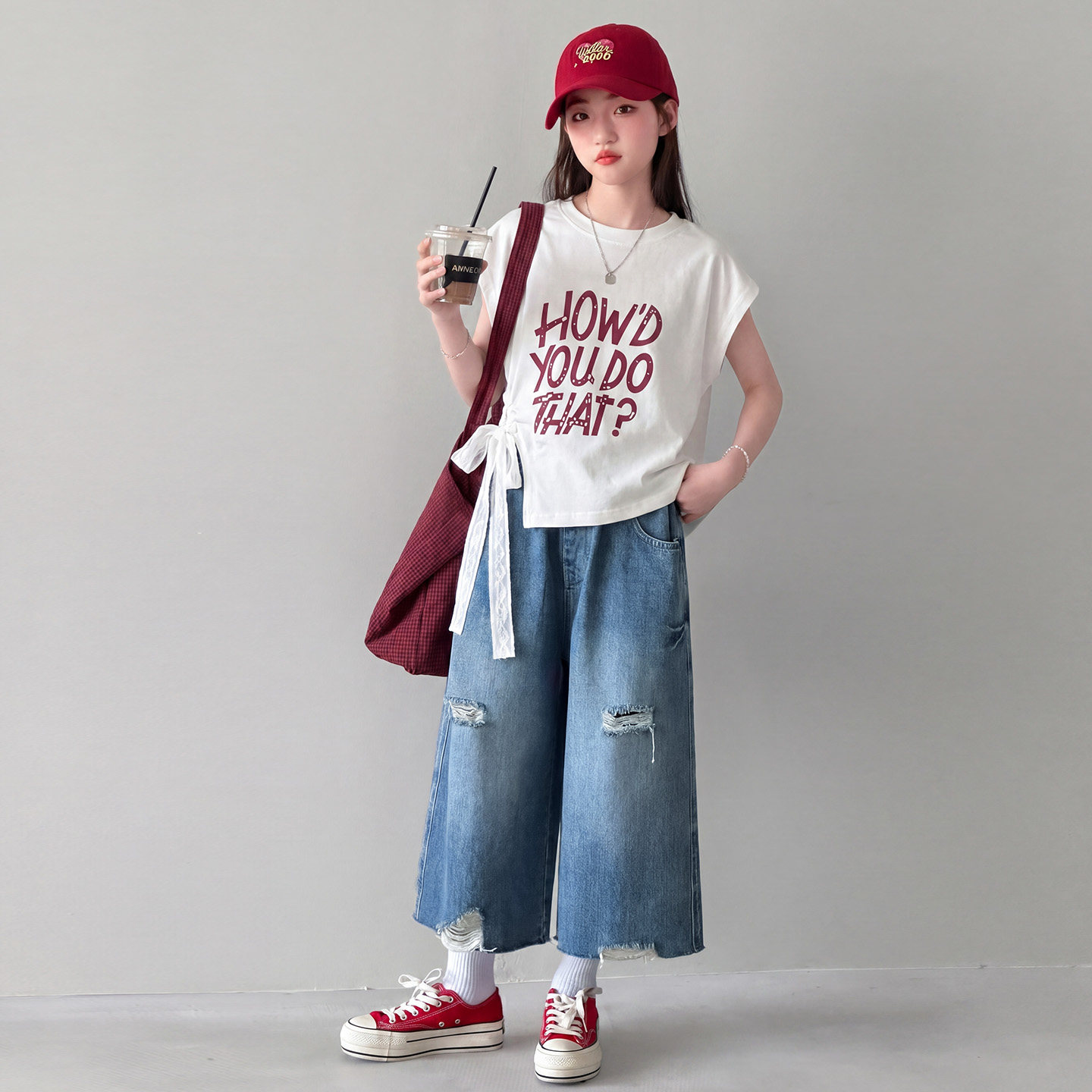 女童夏季薄款破洞八分牛仔阔腿裤图片