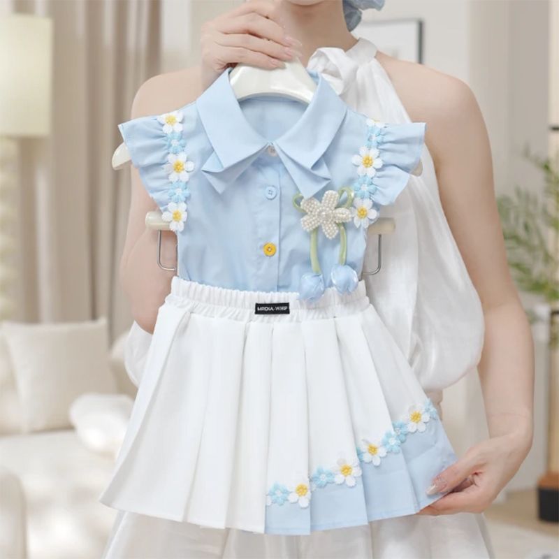 巨好看的女童套装学院风花朵百褶裙子夏季2026新款儿童小孩衣服潮