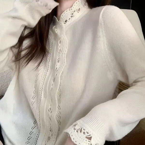 超好看米白色镂空针织开衫女款2025新款秋冬宽松显瘦毛衣外套上衣