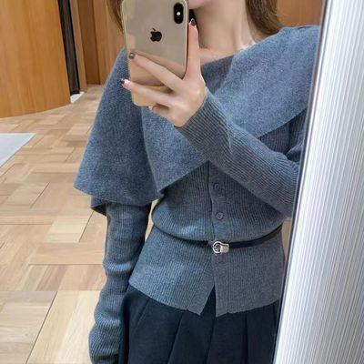 EASE2025秋冬新款韩版设计感不规则拼接披肩斗篷羊毛针织衫女毛衣