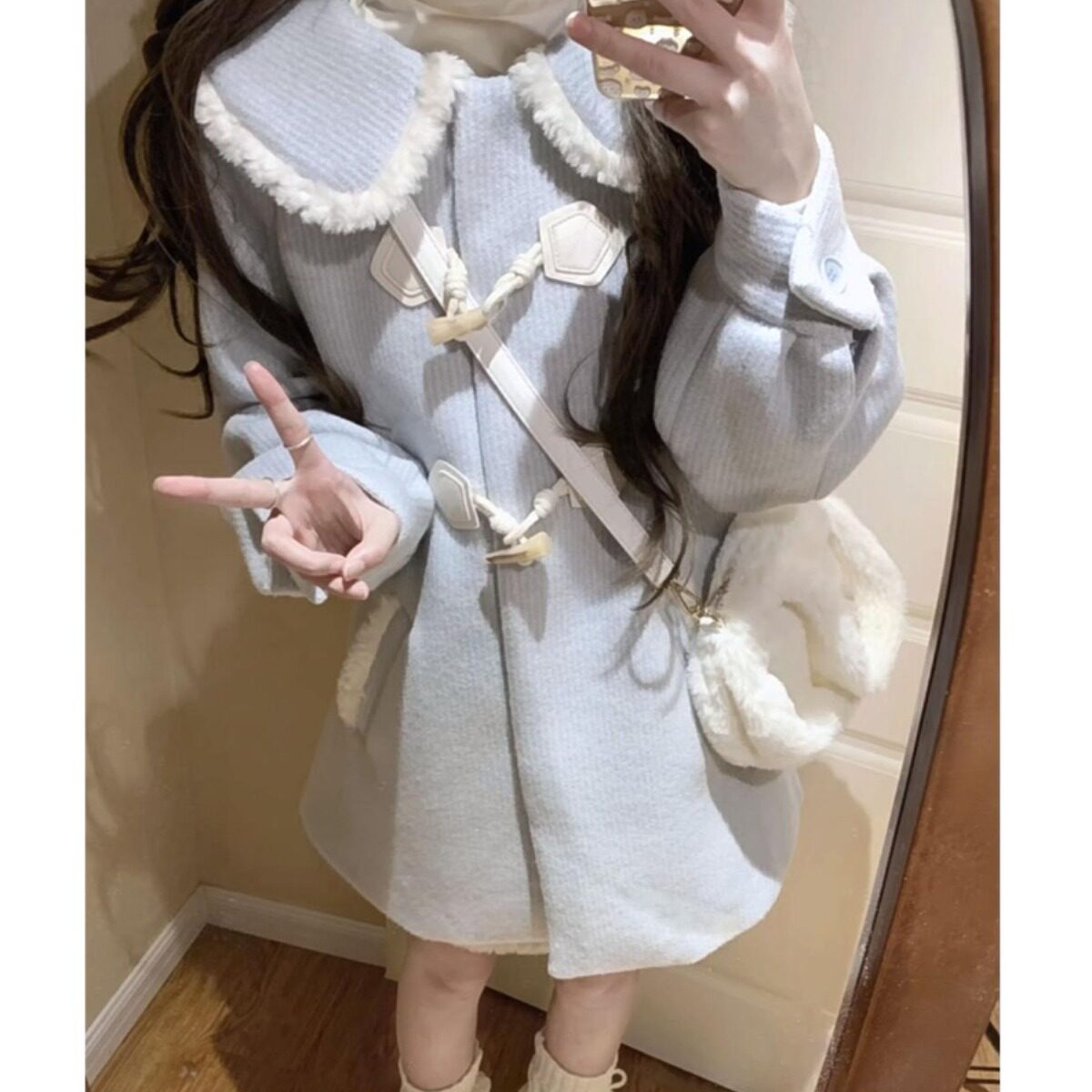 学院风奶蓝色娃娃领斗篷毛呢两件套装女秋冬高级感中长款呢子大衣