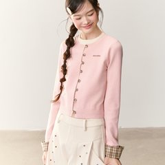 umoumo乌蘑原ntot休闲百搭格纹拼接上衣假两件撞色套头针织衫