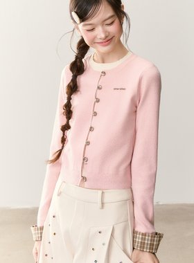 umoumo乌蘑原ntot休闲百搭格纹拼接上衣假两件撞色套头针织衫