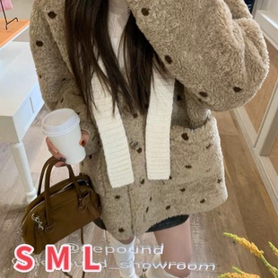 ASHENONLINE奶茶啵啵 原创仿羊羔毛外套慵懒保暖波点撞色皮草开衫