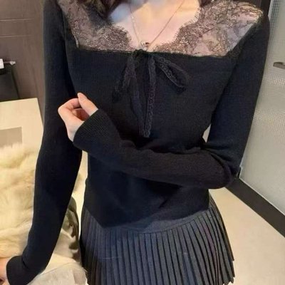 SQ韩版高级感法式蕾丝拼接V领系带针织衫女秋冬气质百搭内搭上衣