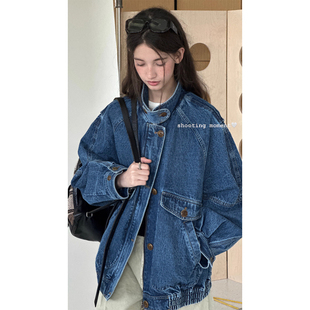 Letm 北欧中古感/水洗牛仔肌理翻立领撞色廓形感飞行员夹克外套女